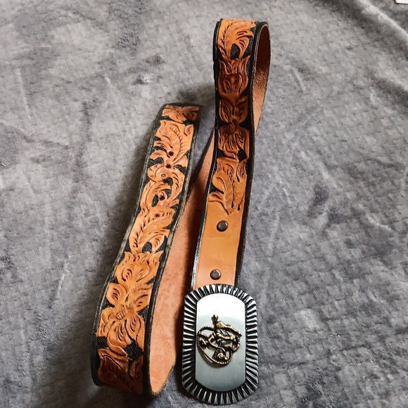 Doug, Leather Tooled Belt With Roper Cowboy Buckle, Mens Small, Western Boho - Picture 10 of 15